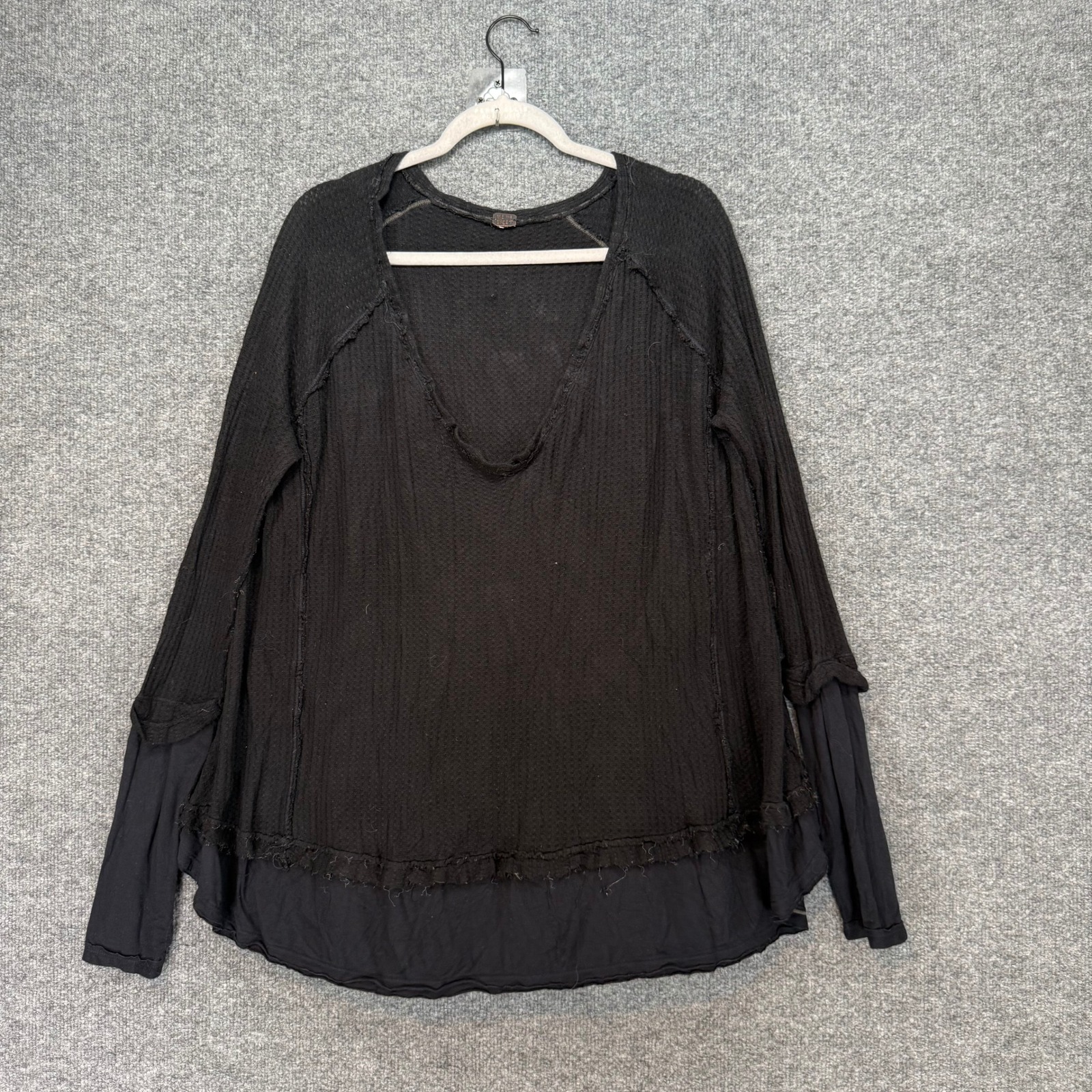 We The Free Thermal Top Women Large Black Layered Waffle Knit Vneck Shirt Boho
